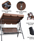 Three Seat Outdoor Porch Swing With Adjustable Canopy, Armrests And Included Stand, Cozy Breathable Fabric