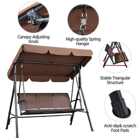 Three Seat Outdoor Porch Swing With Adjustable Canopy, Armrests And Included Stand, Cozy Breathable Fabric
