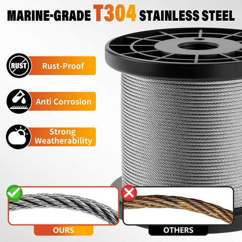 Beefed Up 7x7 Stainless Steel Wire Rope Cable One Sixteenth Inch 328 Feet With 150 Crimping Sleeves for corrosion resistance