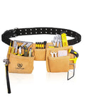 Suede Tool Belt And Work Apron With 12 Pockets, Dual Hammer Loops, Quick Access Pockets, Speed Square Slot, Built Tough, Adjustable Double Pronged Belt For Carpenters, Framers, Electricians And DIY Pros filled with tools.