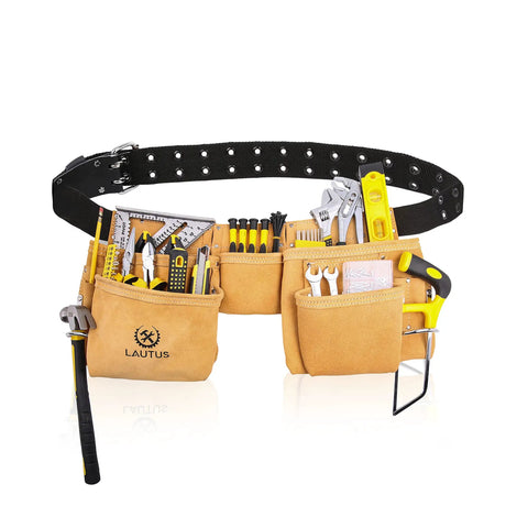 Suede Tool Belt And Work Apron With 12 Pockets, Dual Hammer Loops, Quick Access Pockets, Speed Square Slot, Built Tough, Adjustable Double Pronged Belt For Carpenters, Framers, Electricians And DIY Pros filled with tools.