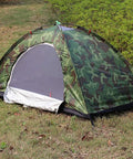 Camouflage Solo Camping Tent for Hiking Lightweight One Person Tent with Easy Setup shown setup in a grassy area outdoors.