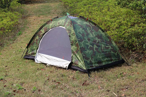 Camouflage Solo Camping Tent for Hiking Lightweight One Person Tent with Easy Setup shown setup in a grassy area outdoors.