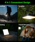 Rechargeable 20000mAh LED Camping Lantern With 1300 Lumen Brightness, showing handling, hanging, standing, and tripod mount use.