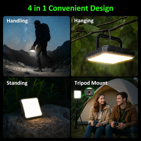 Rechargeable 20000mAh LED Camping Lantern With 1300 Lumen Brightness, showing handling, hanging, standing, and tripod mount use.