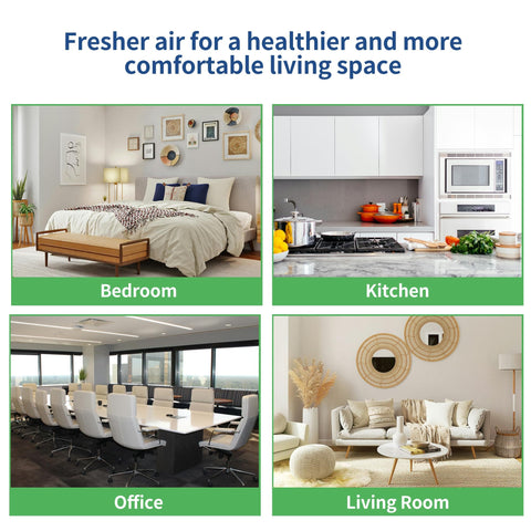 Collage image of bedroom, kitchen, office, and living room showcasing clean air benefits with 2 Pack Replacement Filter For 210 Series Whole House Air Purifiers.