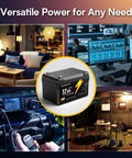12V 12Ah LiFePO4 Battery with Built In BMS IP67 Waterproof showcased in home, office, radio, and camping settings.
