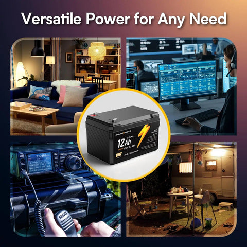 12V 12Ah LiFePO4 Battery with Built In BMS IP67 Waterproof showcased in home, office, radio, and camping settings.