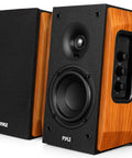 Powered Bookshelf Speakers With Bluetooth, 80W RMS, Bass Reflex Natural Wood Cabinet, Hi Def ARC, front view with remote