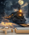 Epic Steam Locomotive Wall Mural 3D Train Wallpaper For Living Room And Bedroom Oversized 177.16 By 120 Inches High Density Silk Cloth Durable Indoor Decor Realistic Vintage Locomotive Vibe featuring a snowy night scene with a full moon.