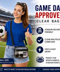 Clear Stadium Bag For Events, Compact Mini Purse With Crossbody Strap shown at a stadium, 3 Pocket See-Through Hobo Style Purse