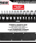 1/4-Inch Drive Metric Socket Set With 90-Tooth Ratchet And Magnetic Organizer, 28-Piece Deep And Shallow Sockets From 4mm To 14mm displayed with magnetic base