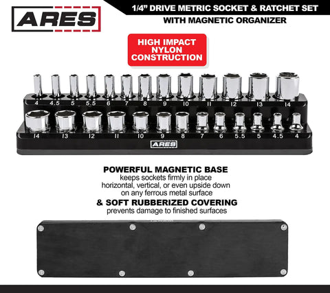 1/4-Inch Drive Metric Socket Set With 90-Tooth Ratchet And Magnetic Organizer, 28-Piece Deep And Shallow Sockets From 4mm To 14mm displayed with magnetic base