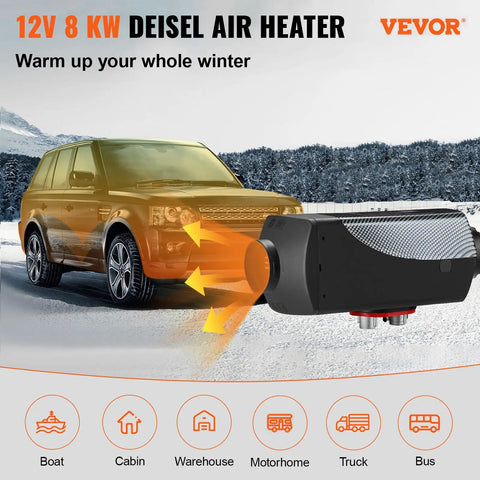 Hefty 8KW Diesel Air Heater 12 Volt Rig Setup With Handy Remote And Lcd Panel Integrated Ultra Quiet Muffler for vehicles in winter.