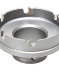 Two And A Half Inch Quick Change Carbide Hole Cutter In Stainless Steel Built For Clean Circular Holes In Metalworking And Electrical Projects With Precision Durability And Fast Bit Change, showing carbide teeth detail.