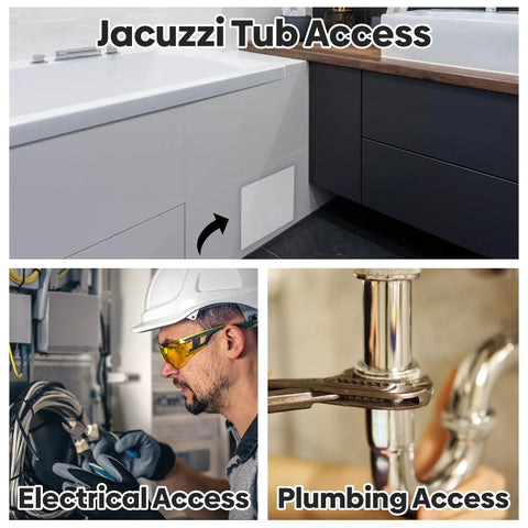 4X6 Inch Flush Access Panel For Drywall And Ceilings Crafted From Heavy Duty High Impact Styrene With UV Stabilizers, installed near jacuzzi.