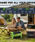 Heavy Duty Road Ready 1500W Pure Sine Wave Power Inverter Converts 12V Dc To 120V Ac outdoors powering devices for camping.
