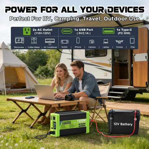 Heavy Duty Road Ready 1500W Pure Sine Wave Power Inverter Converts 12V Dc To 120V Ac outdoors powering devices for camping.