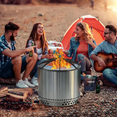 36 Inch Round Fire Pit Screen With Handle And Poker, Collapsible Heavy Duty Mesh Cover, stainless steel fire pit in outdoor camping scene