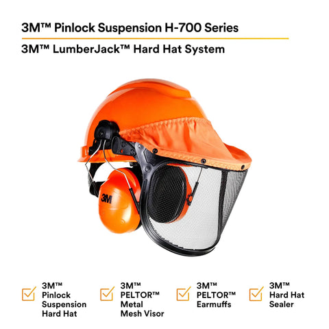 Lumberjack Hard Hat System With Pinlock Suspension, Mesh Visor, Peltor Ear Muffs, Debris And Water Sealer, Low Pro Fit
