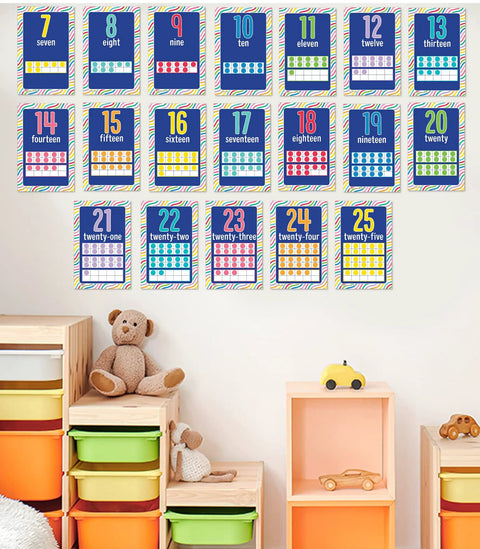 26-Piece Number Chart Posters Set For Classrooms And Offices, 8.5 By 11 Inches, 0-25 Counting Wall Decor above toy shelves