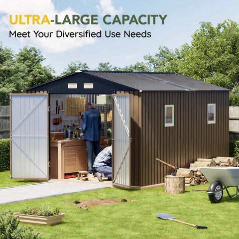 10x12 Ft Outdoor Storage Shed With Skylight Roof Panels, Beefy Rust-Resistant Metal Garden Tool Shed With Lockable Doors And Windows