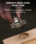 Concealed Hinge Jig For 35mm Cup Holes tool in use, drilling precise European-style hinge cups, showing exact placement on wood.