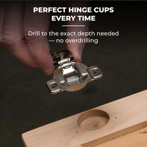 Concealed Hinge Jig For 35mm Cup Holes tool in use, drilling precise European-style hinge cups, showing exact placement on wood.