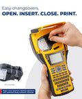M410 Handheld Portable Label Printer Kit with cartridge, showing easy insertion of label cartridge using open insert method.