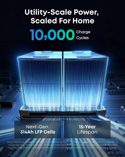 Image of utility-scale LFP battery cells displaying 10,000 charge cycles for reliable off-grid power solutions.