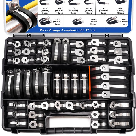 125Piece Cable Clamps Assortment Kit In 12 Sizes From 3/16 In To 2 In With 304 Stainless Steel Rubber Cushioned Wire And Pipe Clamps Portable Handheld Box Ideal For Auto Shop Garage Projects, organized in a black case.