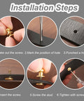 Installation steps for Six Pack Of Solid Brass Ball Stud Rivets For Leather Goods And Bags with tools and leather.