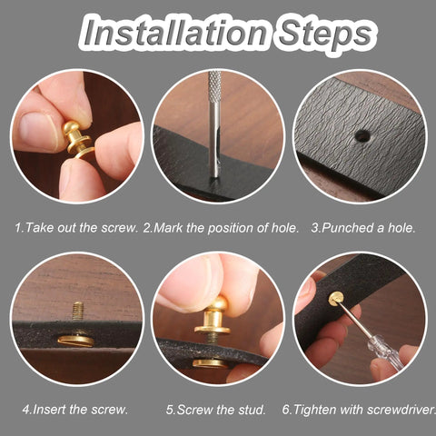 Installation steps for Six Pack Of Solid Brass Ball Stud Rivets For Leather Goods And Bags with tools and leather.