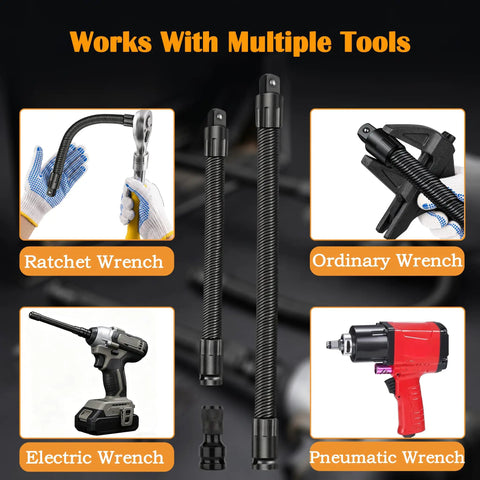 Built Like A Tank 1/2 Inch Drive Flexible Socket Extension Bar Set compatible with ratchet, electric, ordinary, and pneumatic wrenches.