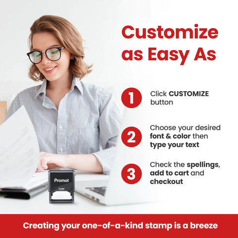Woman customizing Self Inking Stamp For Name And Address, XXL Custom Rubber Stamp For Home Office Or Biz Use, Personalize Up To 3 Lines
