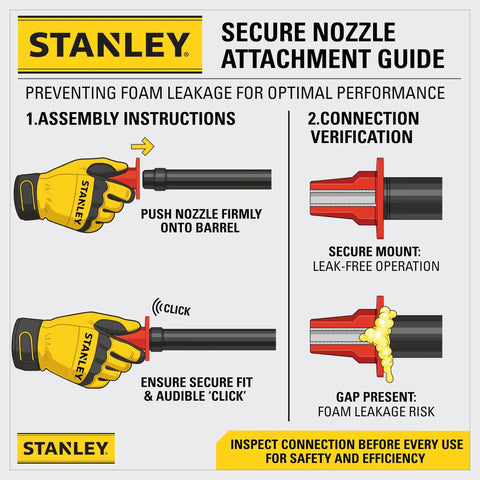 Secure nozzle attachment guide for Pro Grade Closed Cell Spray Foam Insulation Kit with assembly and verification steps.