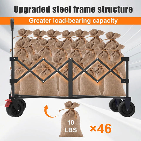 41 Inch Long Collapsible Wagon Cart With 460 Pound Capacity Beast Heavy Duty Folding Beach Wagon On All Terrain Wheels Utility Cart For Camping Garden Shopping And Sports Black holding 46 bags of 10 lbs each.