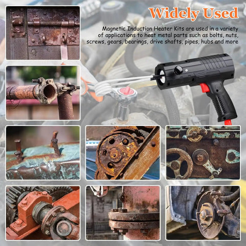 1800W Induction Bolt Heater Packed With Four Heavy Duty Coils And A Rugged Carrying Case To Quickly Shatter Rust And Effortlessly Kick Loose Jammed Nuts Bearings Faster Than Ever 110V in use on rusted metal parts.
