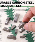 Hand showing durable carbon steel woodruff key from 205 Piece Woodruff Key Set With 12 Sizes Half Moon Semicircle Keys