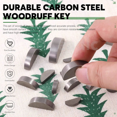 Hand showing durable carbon steel woodruff key from 205 Piece Woodruff Key Set With 12 Sizes Half Moon Semicircle Keys