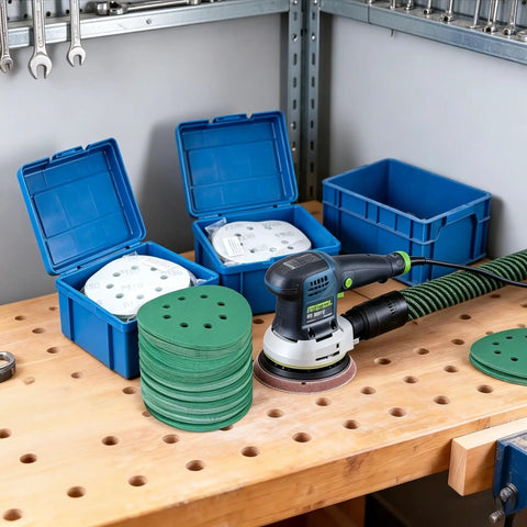 Rock Solid 5 Inch 8 Hole Zirconia Alumina Sanding Discs assorted grits beside random orbital sander on workbench.