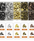 150 Set 8Mm Chicago Screws And Leather Rivets Kit Built Tough For Nailing Down Diy Crafts display of screw types in assorted finishes.