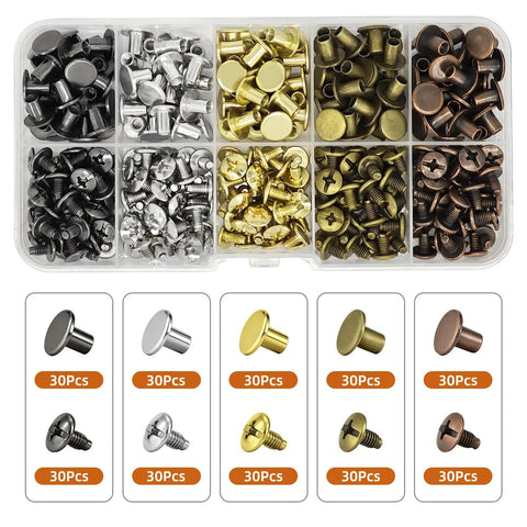 150 Set 8Mm Chicago Screws And Leather Rivets Kit Built Tough For Nailing Down Diy Crafts display of screw types in assorted finishes.