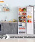 Appliance bulb in kitchen with open refrigerator, next to shelves and countertop, showcasing Incandescent A15 Appliance Bulb Pack.