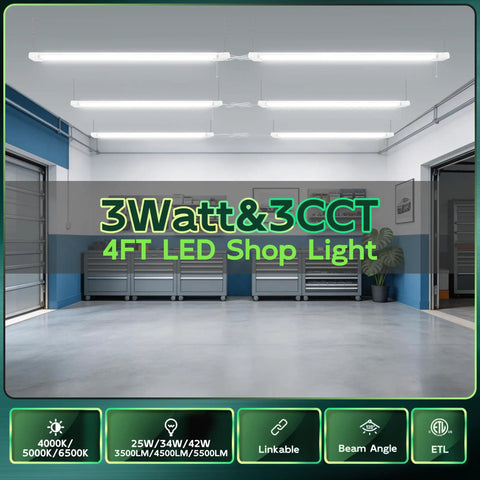 4 Foot LED Shop Light With Reflector For Garage Tasks, 3CCT Selectable 4000K 5000K 6500K, 5500LM, Adjustable Watts installed on garage ceiling