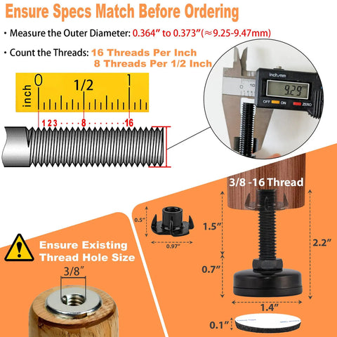 Rock Solid Adjustable Furniture Leveling Feet 3/8 Inch By 16 Thread Holds 1320 Lbs With T Nut Kit sizing and specifications guide