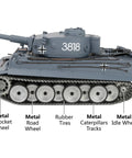 One Sixteenth Scale RC Tank showcasing metal road wheels, tracks, sprockets, idle wheel, and turret, 5000mAh battery