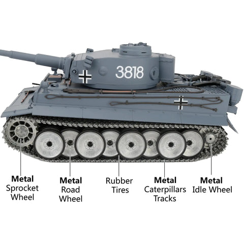 One Sixteenth Scale RC Tank showcasing metal road wheels, tracks, sprockets, idle wheel, and turret, 5000mAh battery