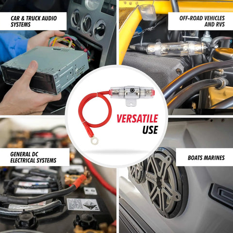 Collage of car, boat, and RV installations using 8 Gauge Power Wire 1ft With 100 AGU Fuse Holder And Ninety Nine Point Nine Percent Oxygen Free Copper Soft Touch Jacket For Flexible High Performance Car Audio Installations And Easy Splice For Quick Setup And Durable Insulation For Your System.