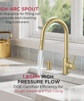 Slick Brushed Gold Kitchen Faucet With Pull Down Sprayer And Dual Spray Modes High Arc Spout Design for easy pot filling.